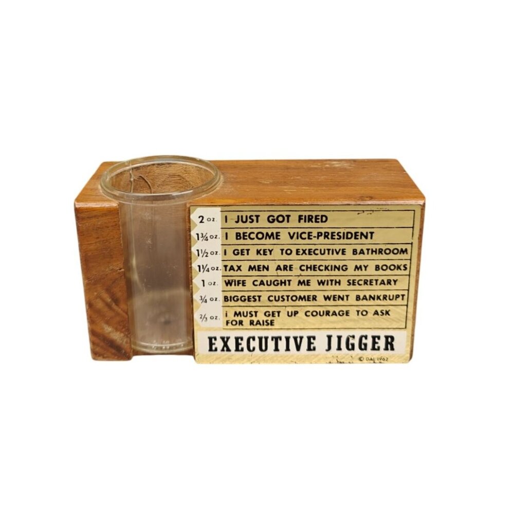 Vintage Executive Jigger Shot Glass Wooden Stand Novelty Funny Desk Pen Holder